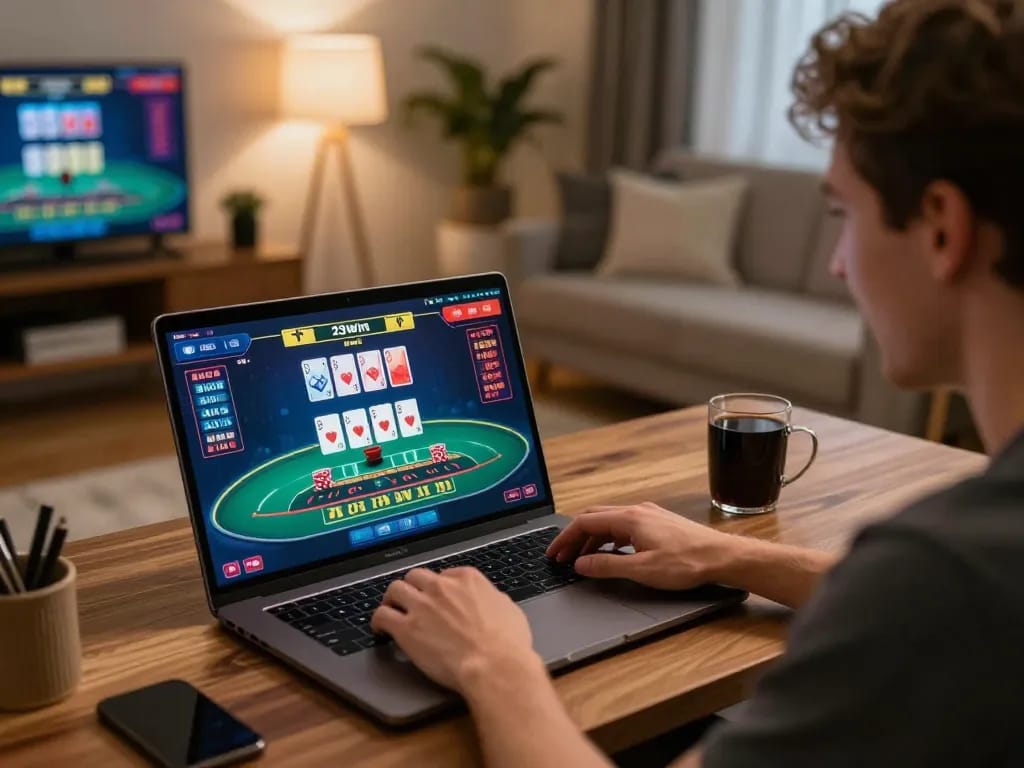 Player engaging in 23win live dealer blackjack game at home, showcasing dynamic gameplay and focused atmosphere.