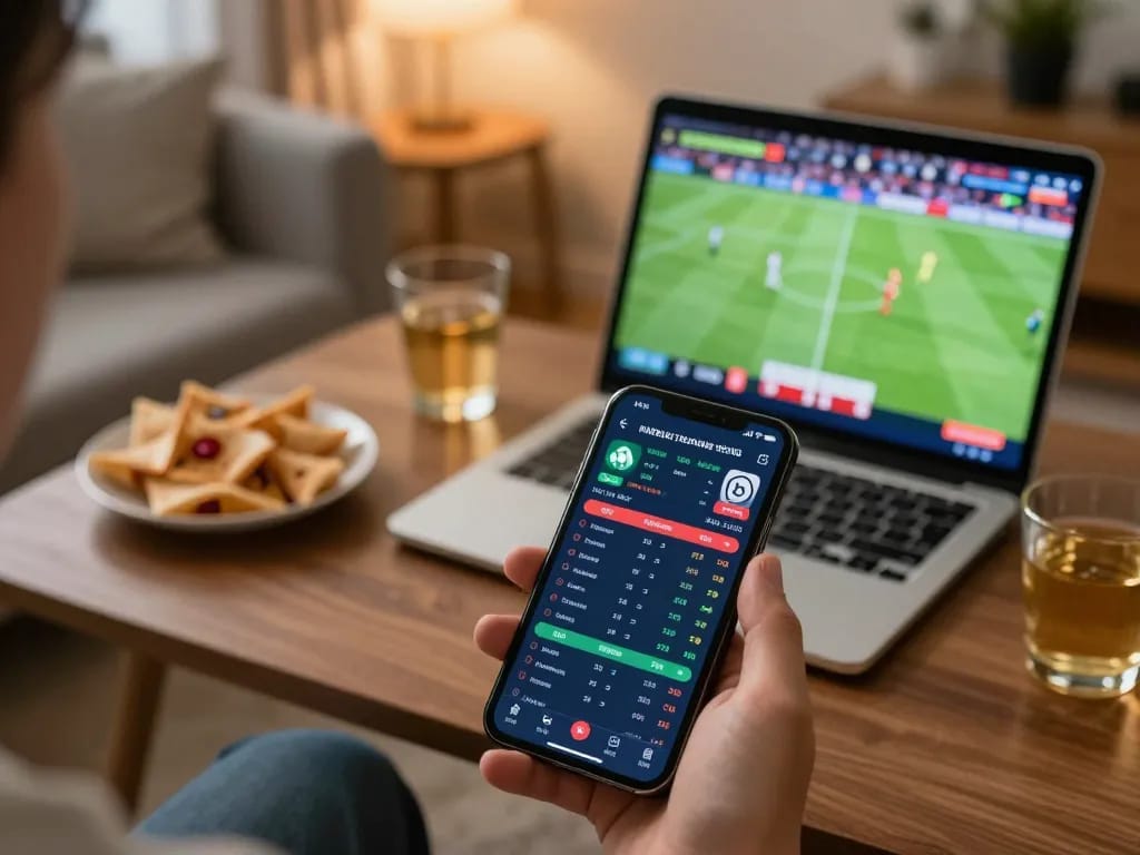 Person engaged in online sports betting on keonhacaivn with smartphone showing live odds and stats.