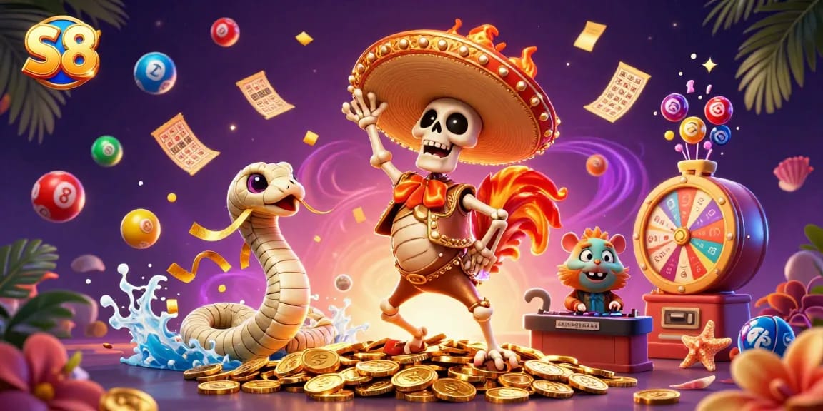 Engage in exciting gameplay at S8 with dynamic scenes of animated gambling characters and vibrant game elements.