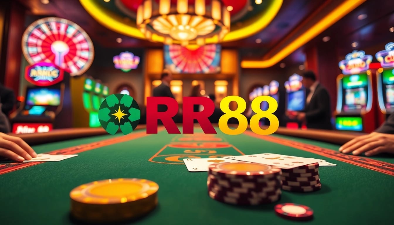 Exciting gambling scene featuring RR88 at a high-stakes poker table with vibrant gaming elements.