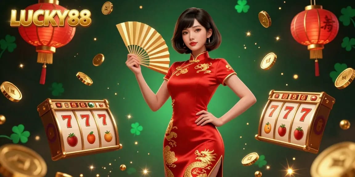 Experience the excitement of LUCKY88 with stunning visuals of slot reels, gold coins, and a charismatic character.