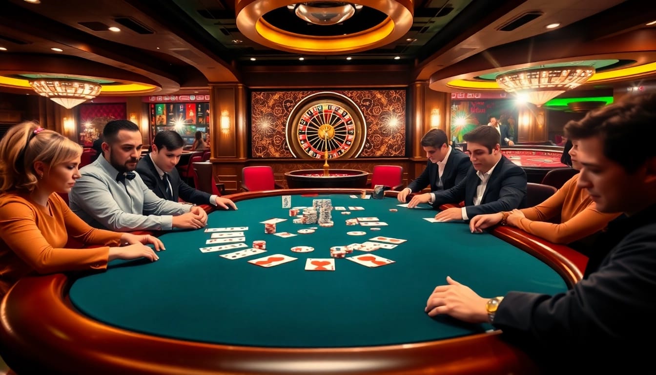 A thrilling poker game at a luxurious casino reflecting the excitement of E2BET's gambling experience.