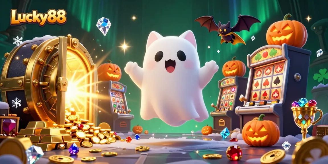 Experience the magical vibes of Lucky88 with ghost cat antics in a lively haunted casino.
