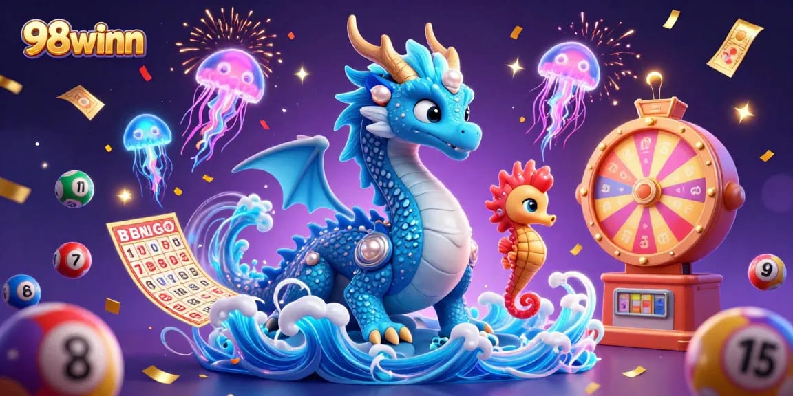 Experience excitement with 98winn as colorful lottery balls and casino elements fill the scene.