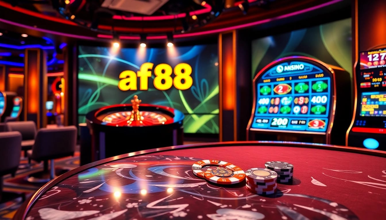 Experience premium gameplay at https://af88.bid/ with vibrant casino tables and spinning roulette wheels.