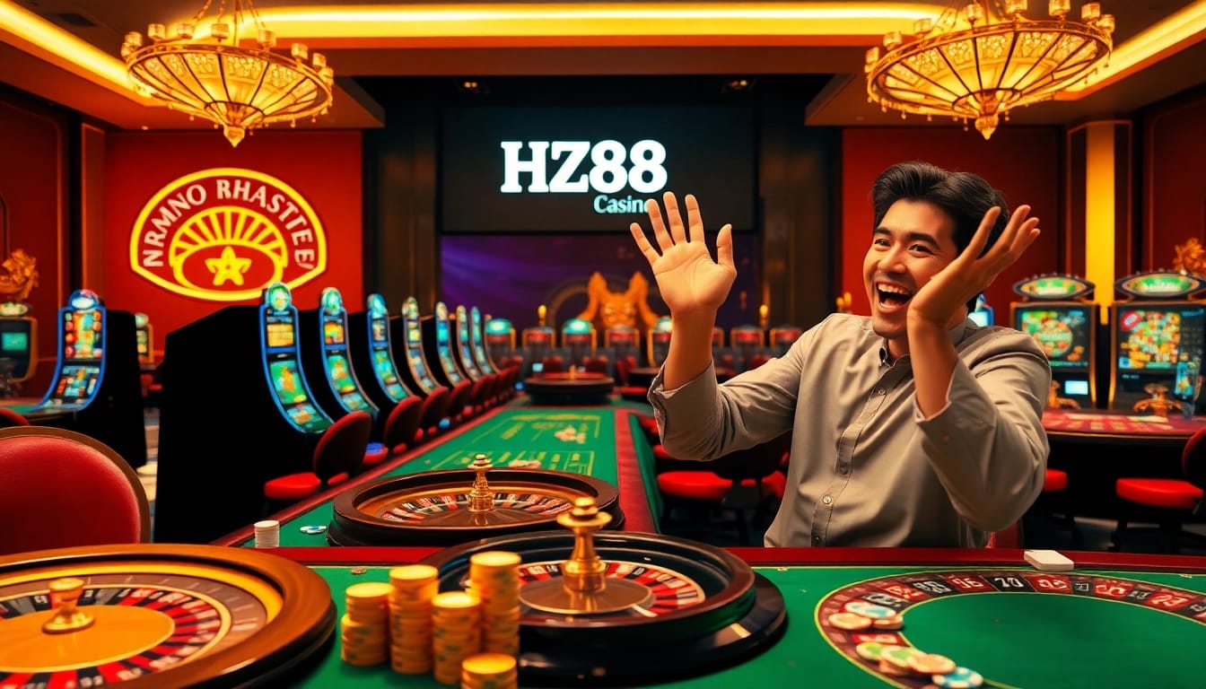 Players enjoying a thrilling online casino game at HZ88 with vibrant slot machines and poker chips.