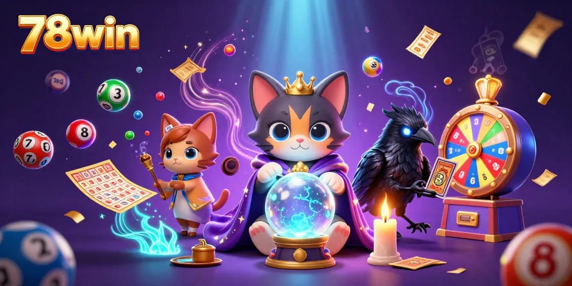 Engage with vibrant gaming excitement at 78win as fortune teller cat and tarot raven reveal luck through lottery and bingo.