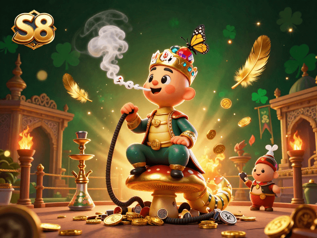 S8 gaming scene featuring a caterpillar hookah-master in a dynamic casino atmosphere.
