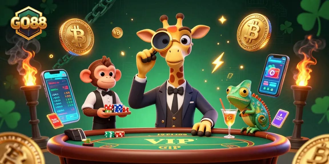 Experience the thrills at GO88 with vibrant characters and exciting gambling elements in a lively casino scene.