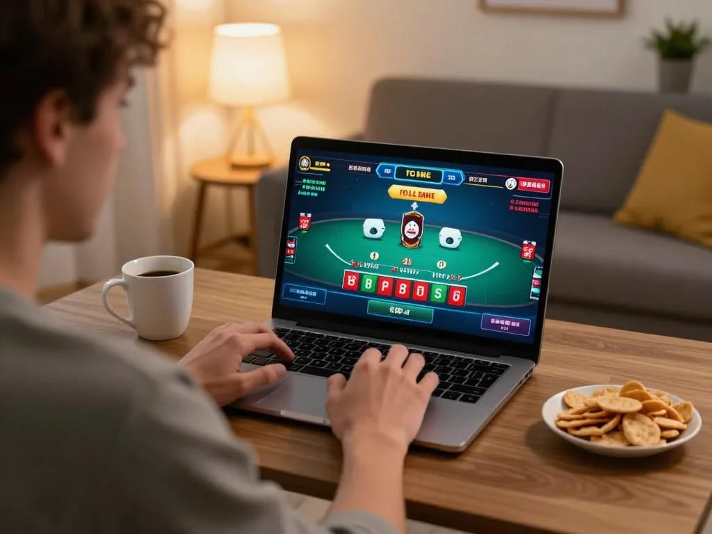 Player engaged in an online blackjack game on kubet79 from a cozy home setup
