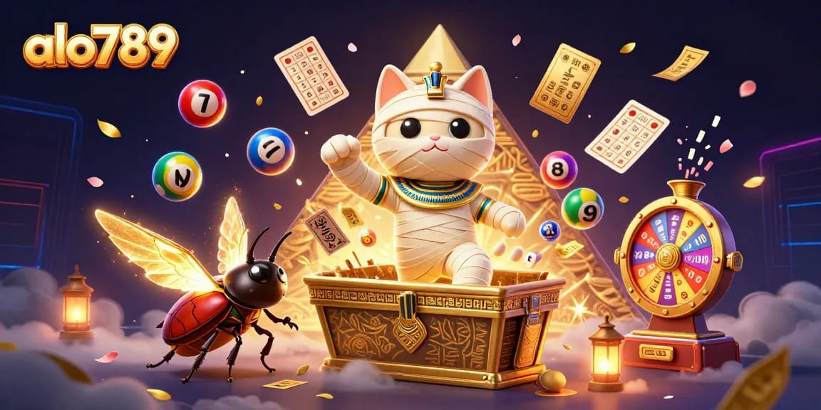 Engage with alo789's thrilling gaming experience featuring the mummy cat and vibrant casino elements.