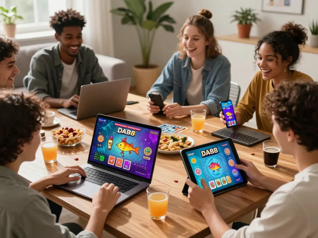 Friends enjoying DA88 online gaming on multiple devices in a lively home setting.