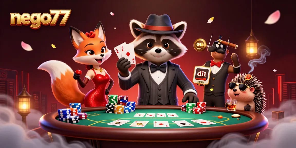 Nego77 platform showcasing a charming raccoon in a pinstripe suit at a poker game with vibrant casino elements.