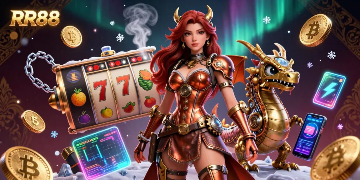 Experience thrilling gameplay at RR88 with a stunning steampunk scene featuring captivating elements like jackpot slots and cryptocurrency coins.