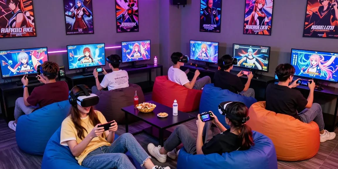 Group enjoying interactive free ecchi games in a vibrant gaming lounge