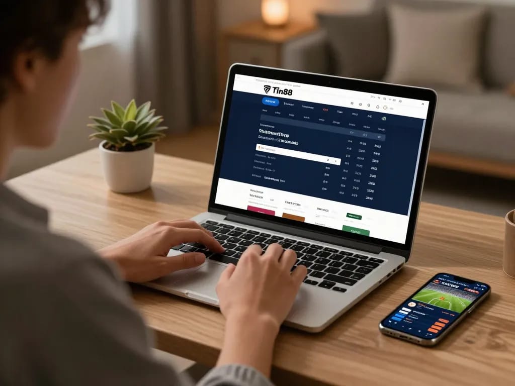 Tin88 user placing strategic bets in an immersive online sports betting environment with a laptop and smartphone.