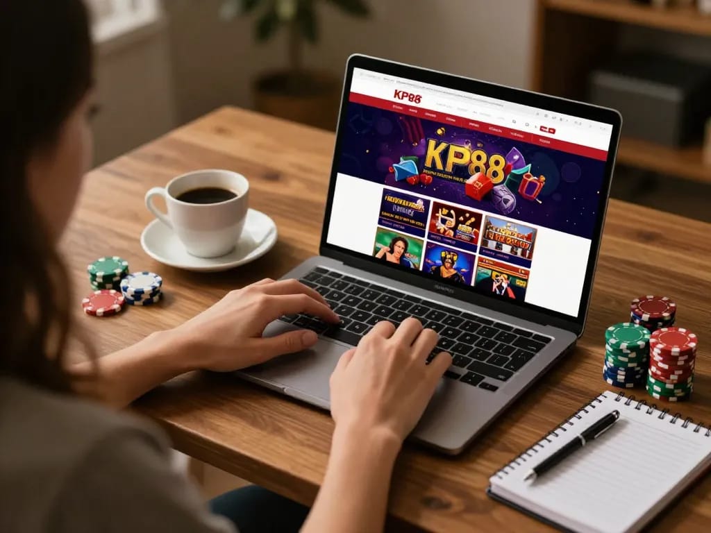 Player enjoying KP88 online casino games with chips and strategies in a cozy home setup