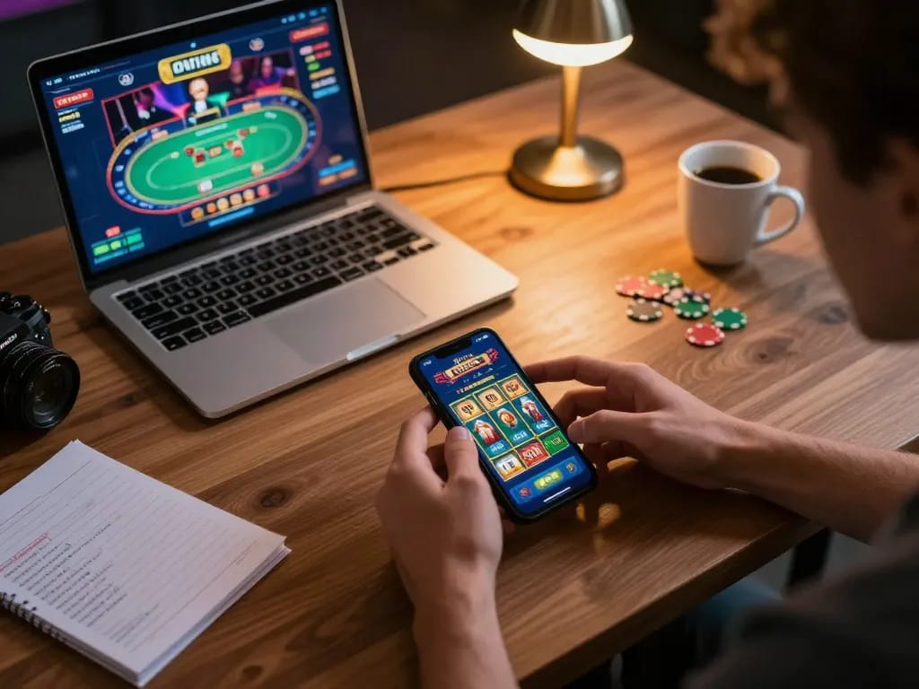 Player engaging with lc88 mobile casino app in a cozy gaming setup.