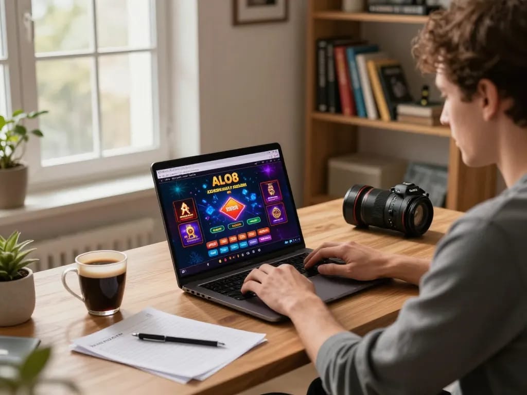 Player engaging with ALO8 online casino platform, showcasing energetic gameplay and inviting home environment.