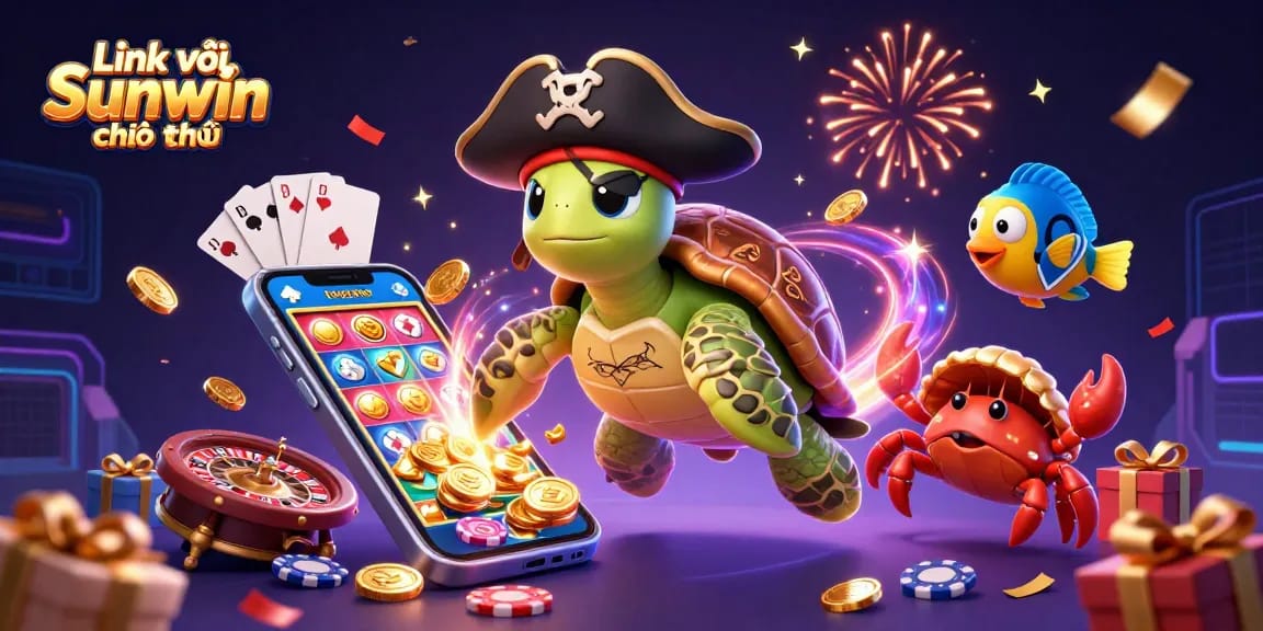 Experience excitement at Sunwin with animated characters exploring rich casino treasures in a colorful digital illustration.