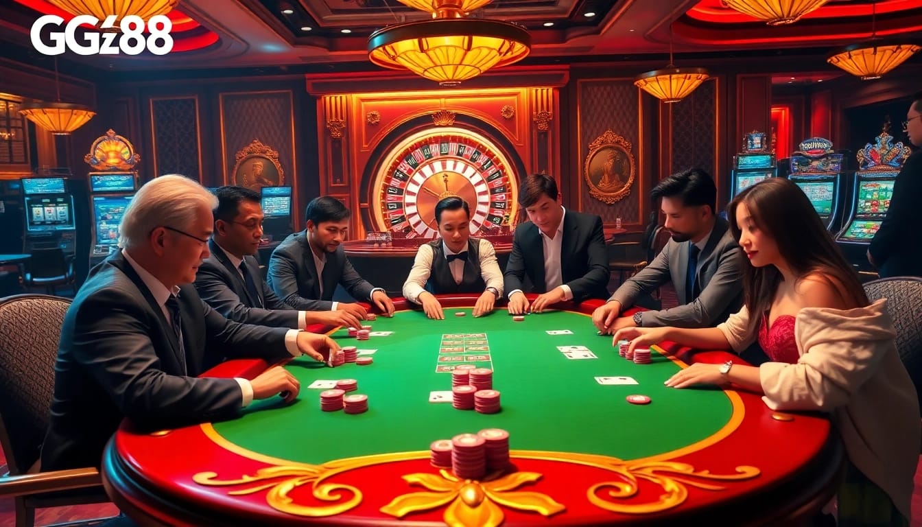High-stakes poker table with players at GG88 casino, showcasing chips and cards.