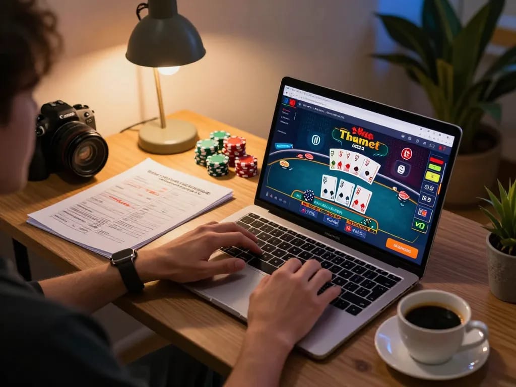 Player engaging with Thabet online casino on laptop, showcasing interactive gambling experience