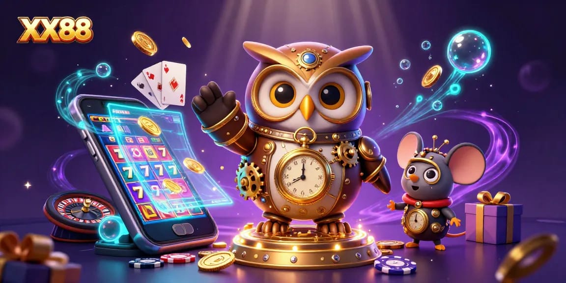 "Experience XX88's thrilling slots with cartoon time-traveler owl, vibrant casino elements, and exciting game action."
