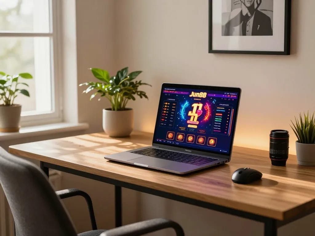 Engaging gameplay at Jun88 online casino on a stylish laptop, emphasizing home gaming experience.