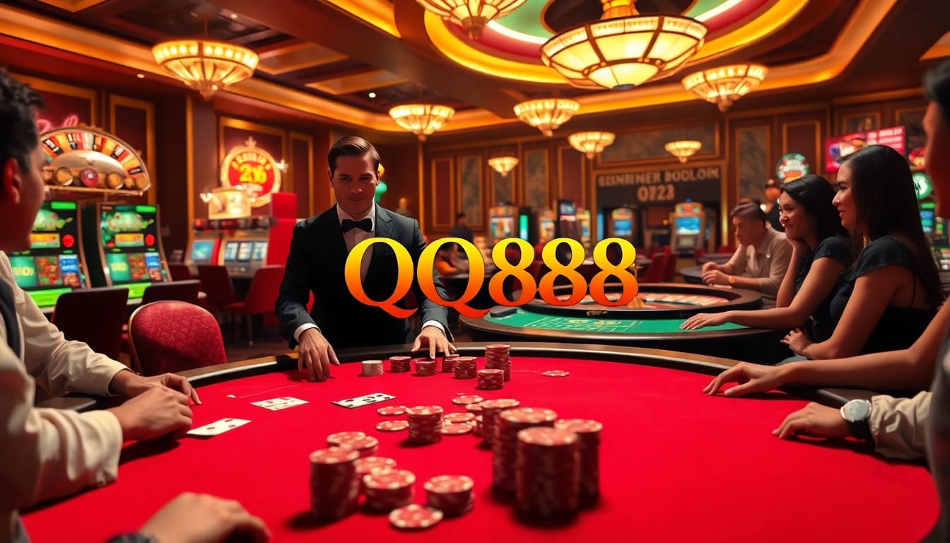 Experience the excitement of QQ88 with players engaging at a luxurious poker table in a vibrant casino setting.