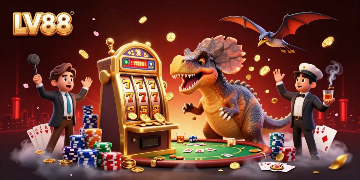 Experience the excitement of LV88 as a pachycephalosaurus hits a golden slot machine for jackpots amid gaming elements.
