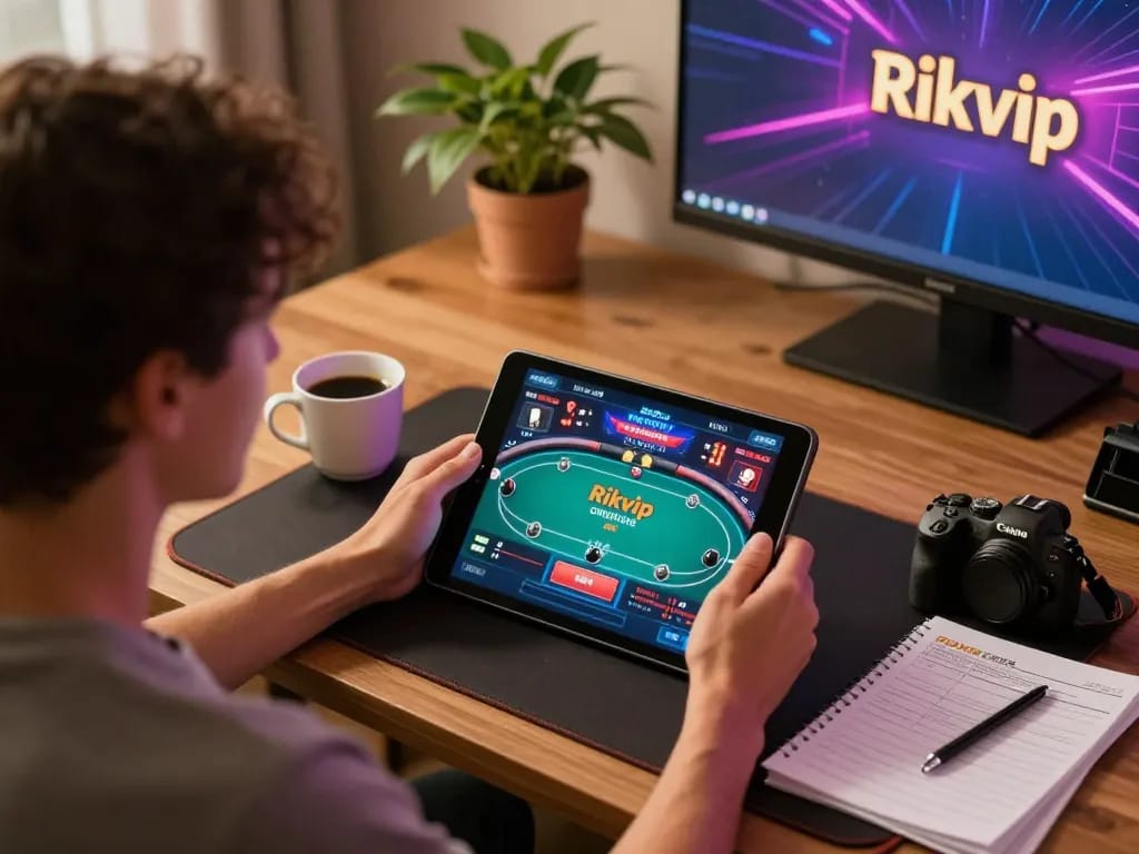 Player strategizing poker game on rikvip while enjoying a cozy home environment.