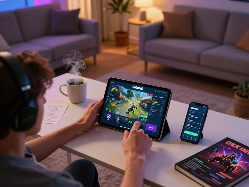 Engaging in online gaming at OKKING, a cozy home setup with tablet, strategy notes, and warm lighting.