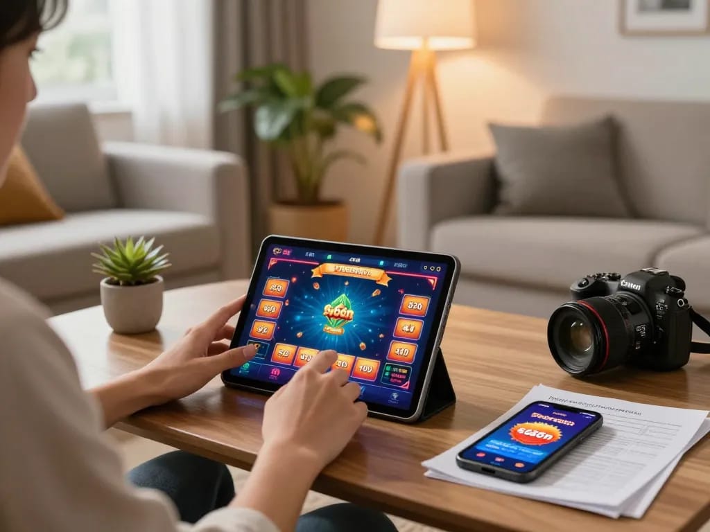 Player engaging in casino gameplay on tablet showcasing s666hn interface with vibrant graphics in cozy home.