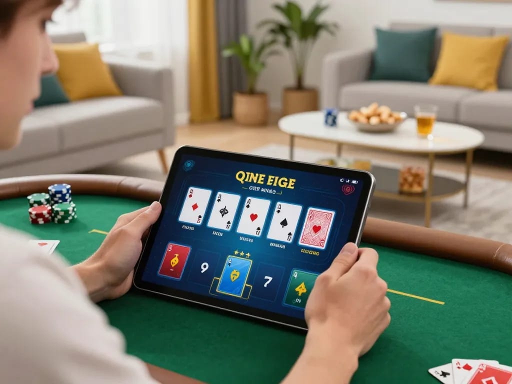 Player enjoying poker on ta88 mobile app at home, surrounded by snacks and drink