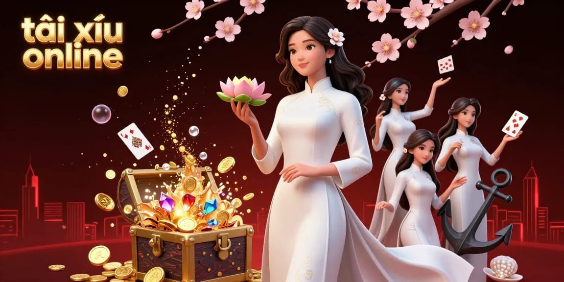 Playing tài xỉu online with exciting visuals of an Asian woman amidst gold coins and vibrant gems.