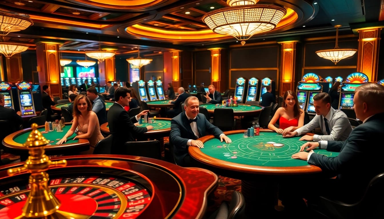 Gambling excitement at https://32wingroup.com/ featuring players at poker and blackjack tables.