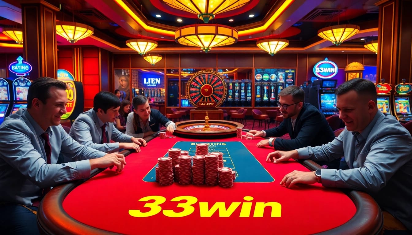 Players engaging in a high-stakes poker game at 33win with vibrant casino aesthetics.