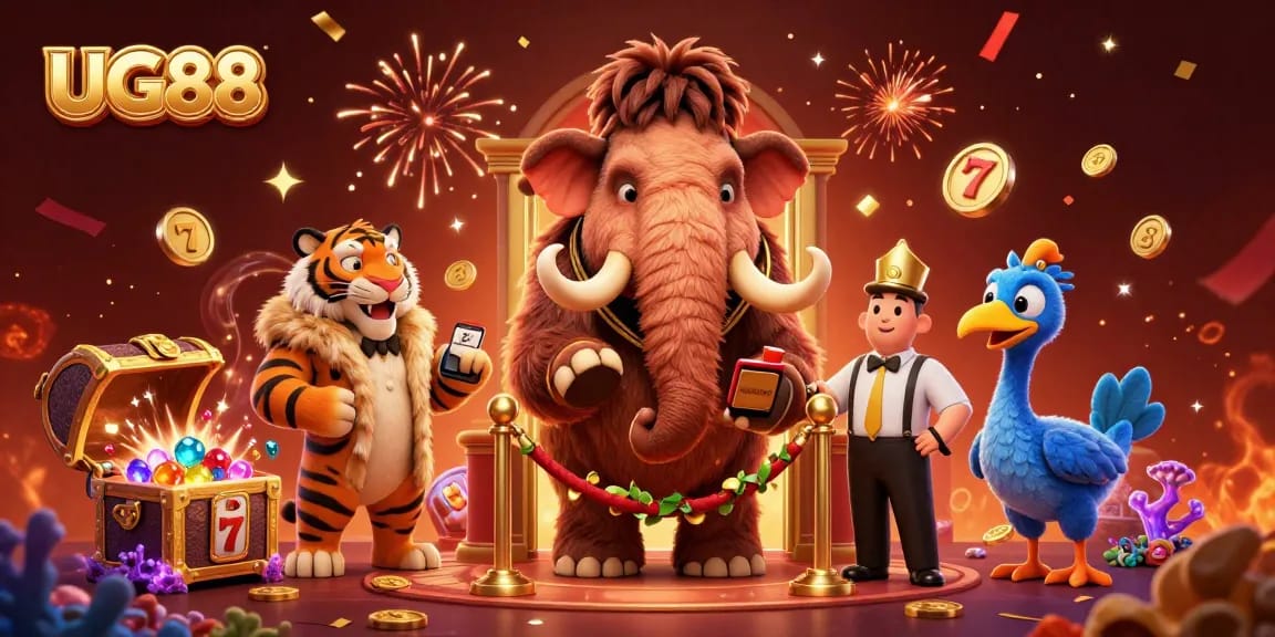 Experience the excitement of UG88 with a woolly mammoth bouncer, saber-tooth VIP, and dodo doorman in a vibrant casino scene.