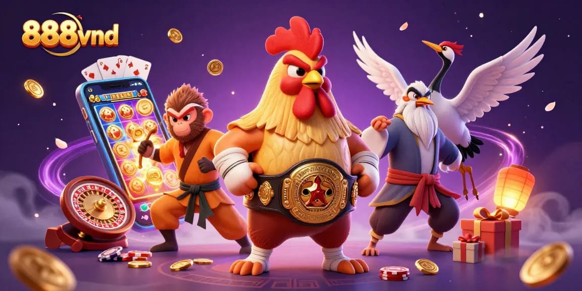 Experience the excitement of 888vnd with vibrant gambling characters and dynamic casino game elements.