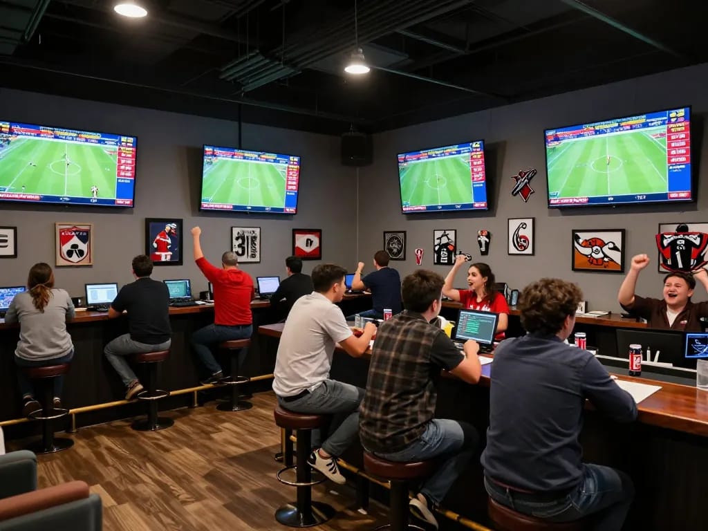 Exciting scene of ty le keo in sports betting with patrons cheering at live matches