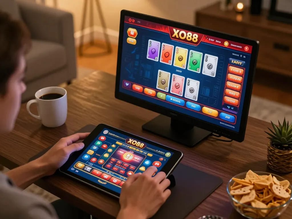 Experience thrilling gameplay with XO88 on a tablet in a cozy home setting.