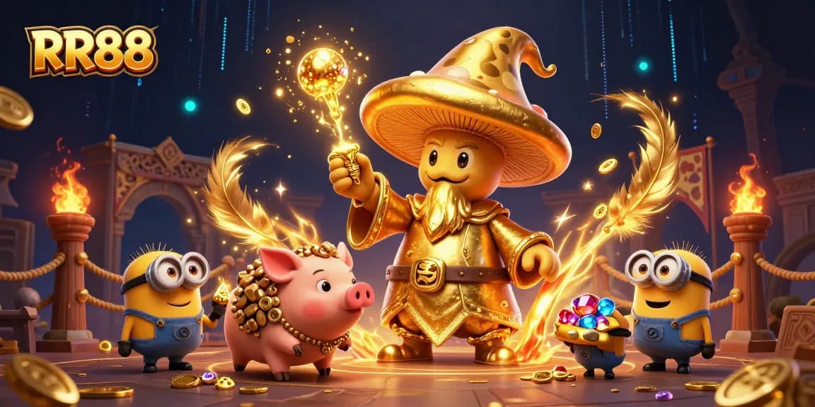 Experience the magic at RR88 with golden treasures and vivid casino elements coming to life in a vibrant 3D scene.