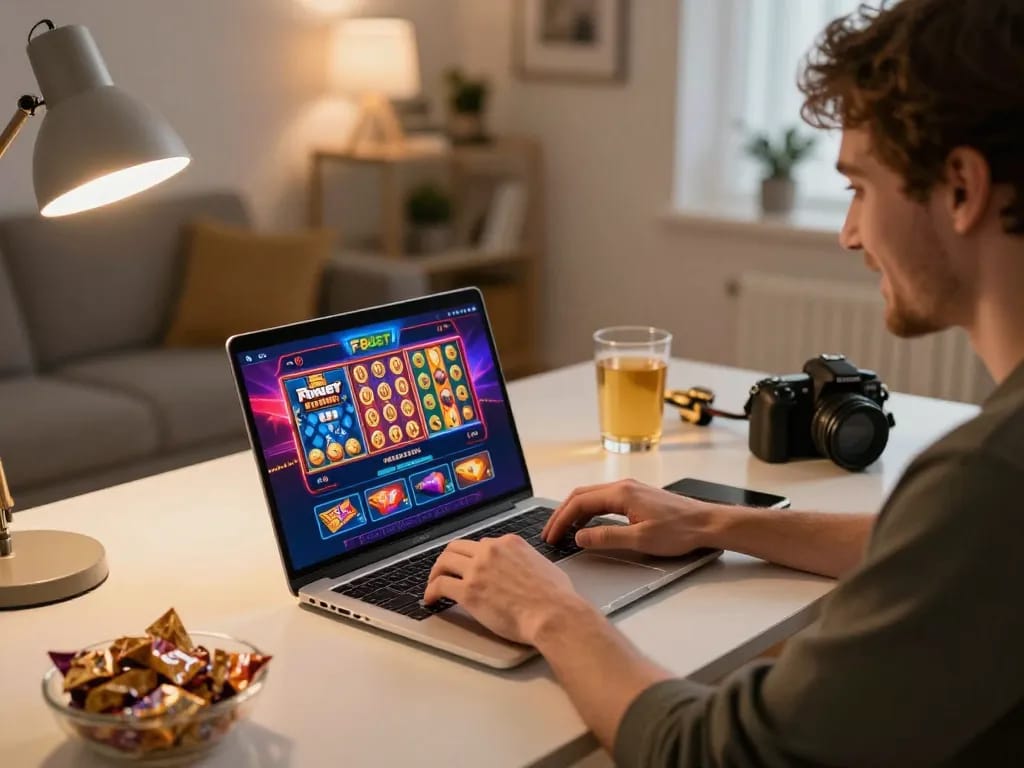 F8BET player engaging in online casino gaming at home, showcasing interactive game interface and comfortable setup