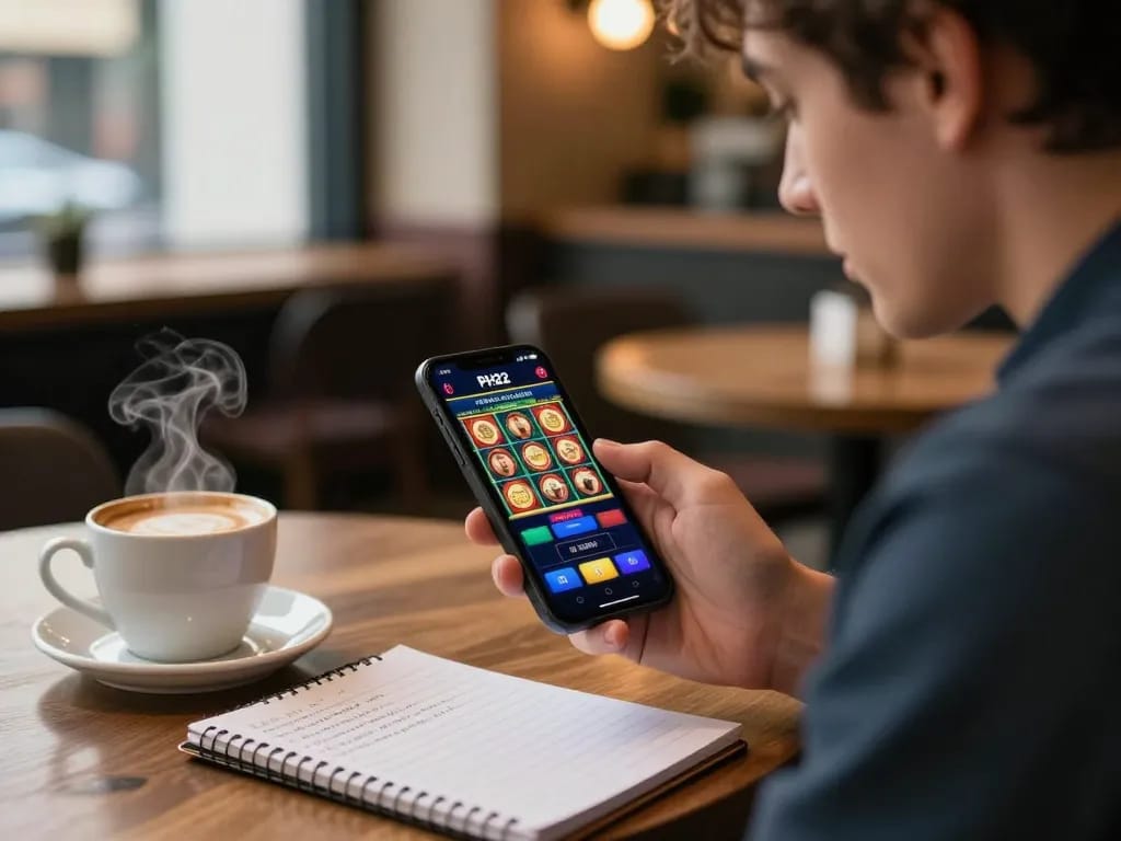 Player using the PH22 app on their smartphone, immersed in online slot gaming at a cozy café.