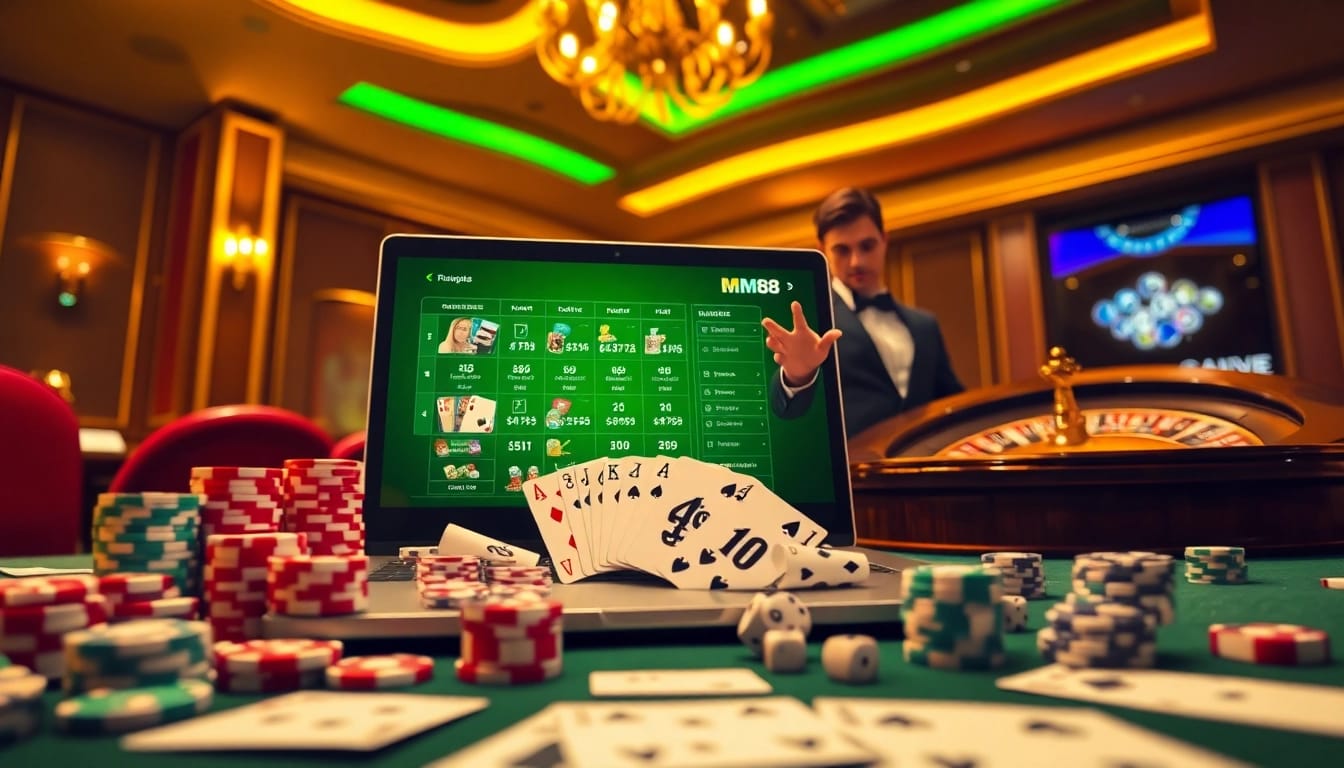Experience excitement with MM88 as you play casino games surrounded by vibrant chips and cards.