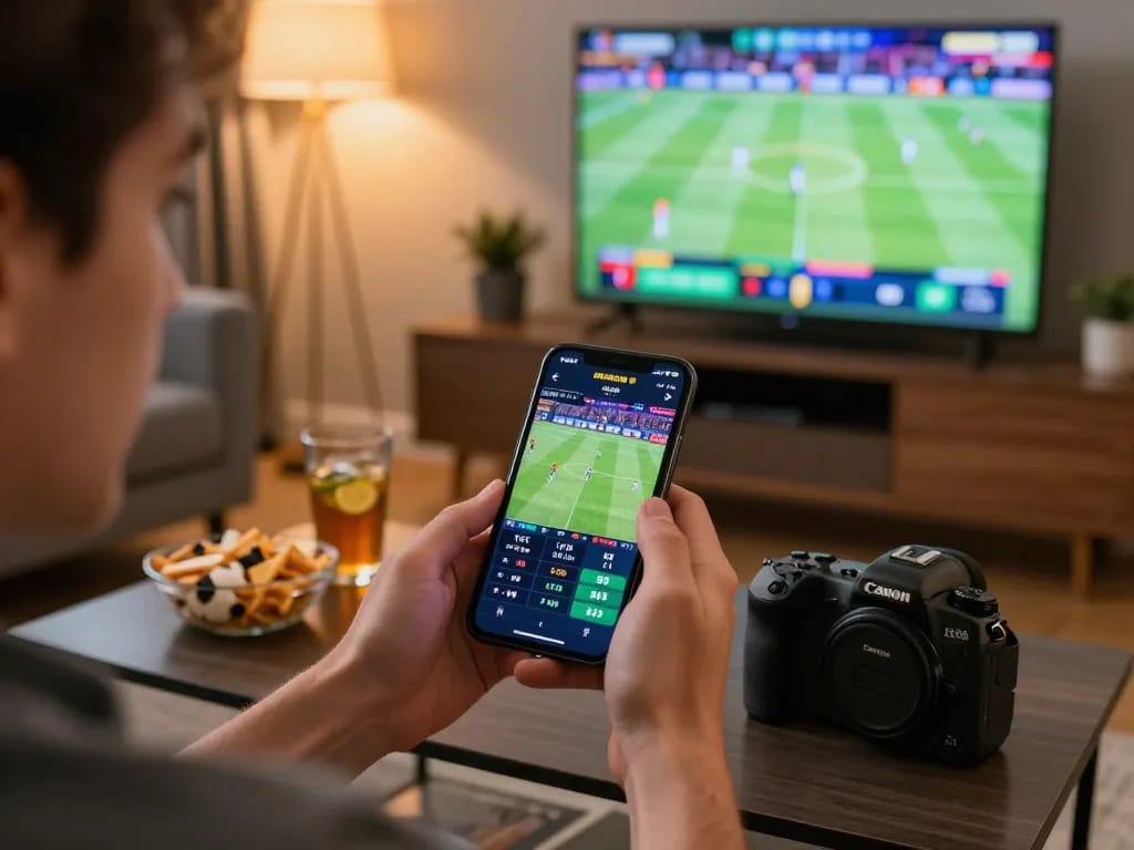 Kèo Nhà Cái Hôm Nay: Enthusiastic sports betting scene with a smartphone showing live odds and action