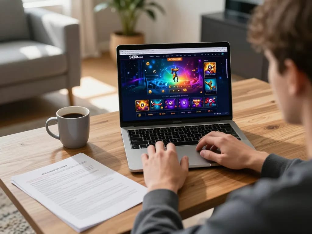 Player enjoying online gaming at sx88.com with laptop showcasing casino games and strategies.
