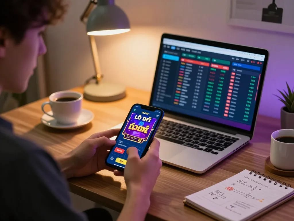 Lô Đề Online betting app displayed on a smartphone, highlighting strategic gameplay in a modern home office.