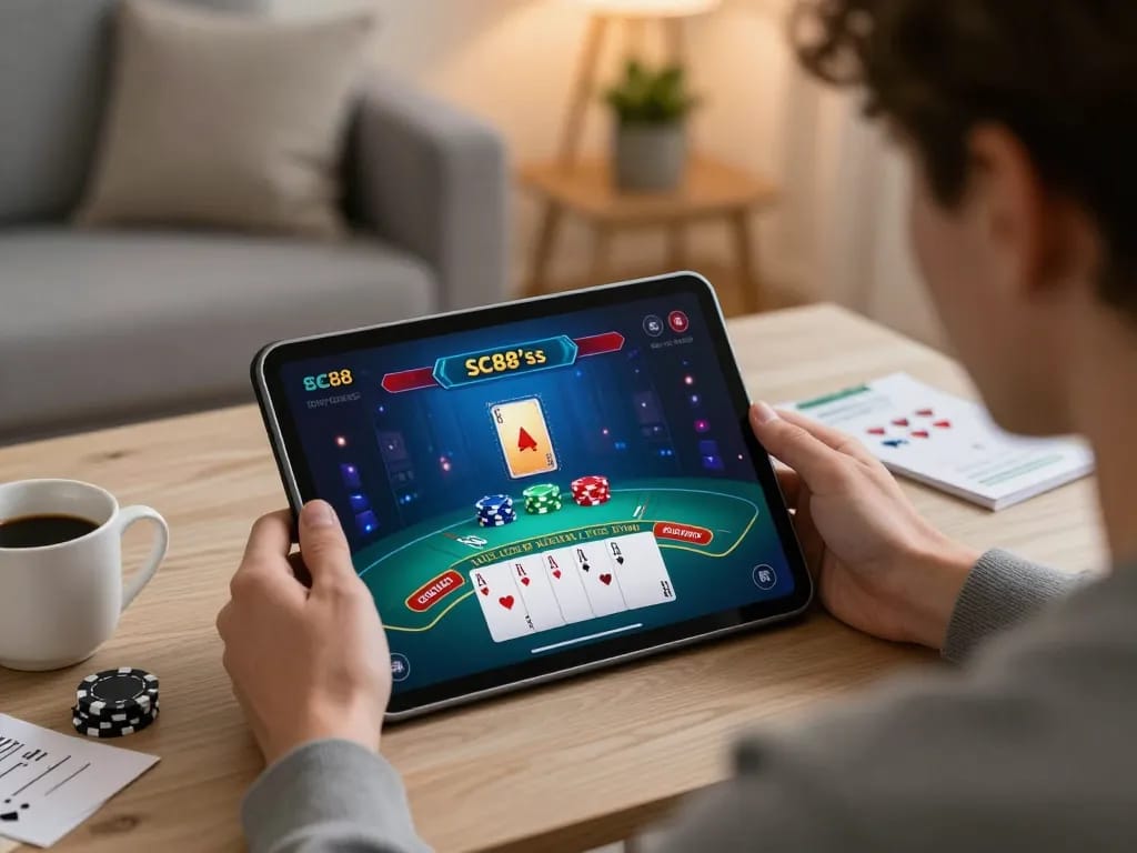 Player enjoying an exciting SC88 live blackjack game on tablet, portraying focused online gaming.