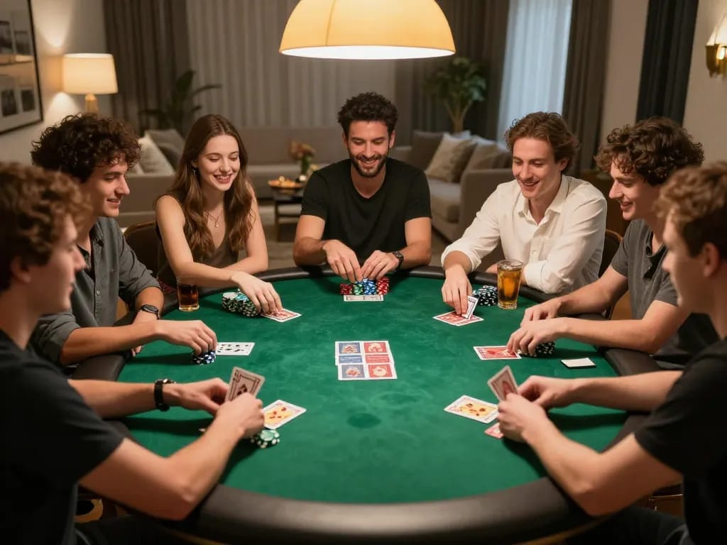 Playing poker with friends, focusing on giải mã số học strategies in an engaging home atmosphere